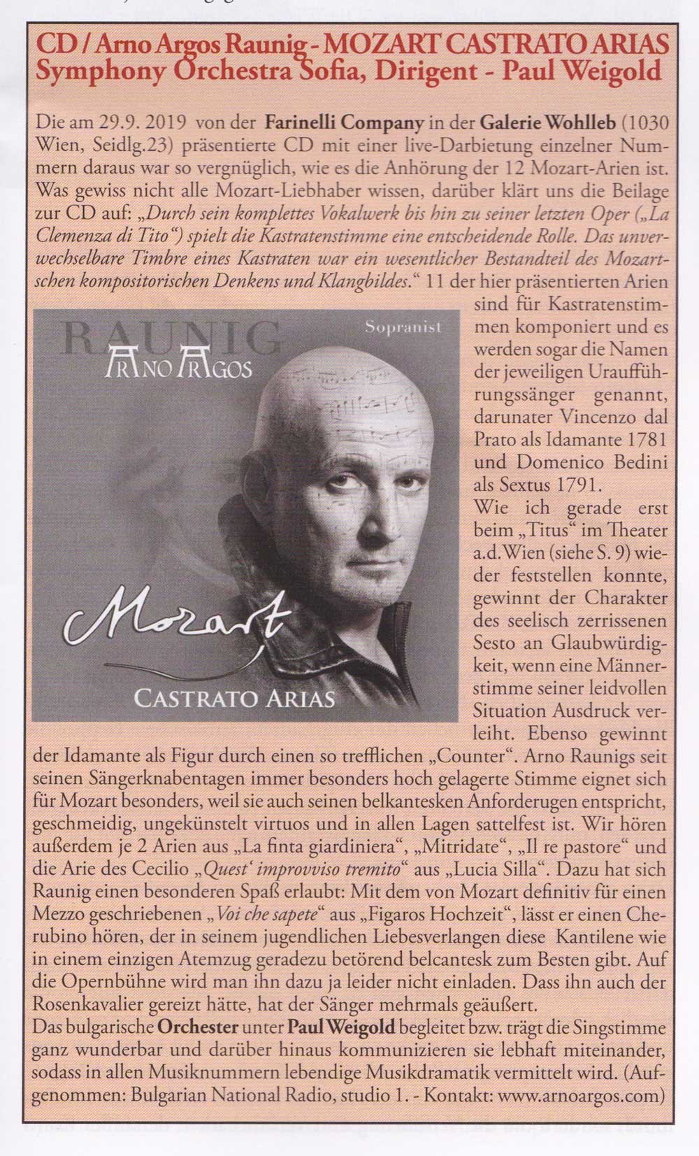 Kritik «der neue Merker» 11/2019: CD / Arno Argos Raunig - MOZART CASTRATO ARIAS Symphony Orchestra Sofia, Dirigent - Paul Weigold