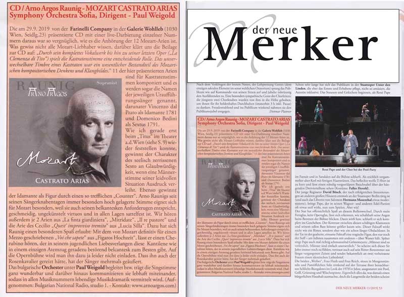 Kritik «der neue Merker» 11/2019: CD / Arno Argos Raunig - MOZART CASTRATO ARIAS Symphony Orchestra Sofia, Dirigent - Paul Weigold